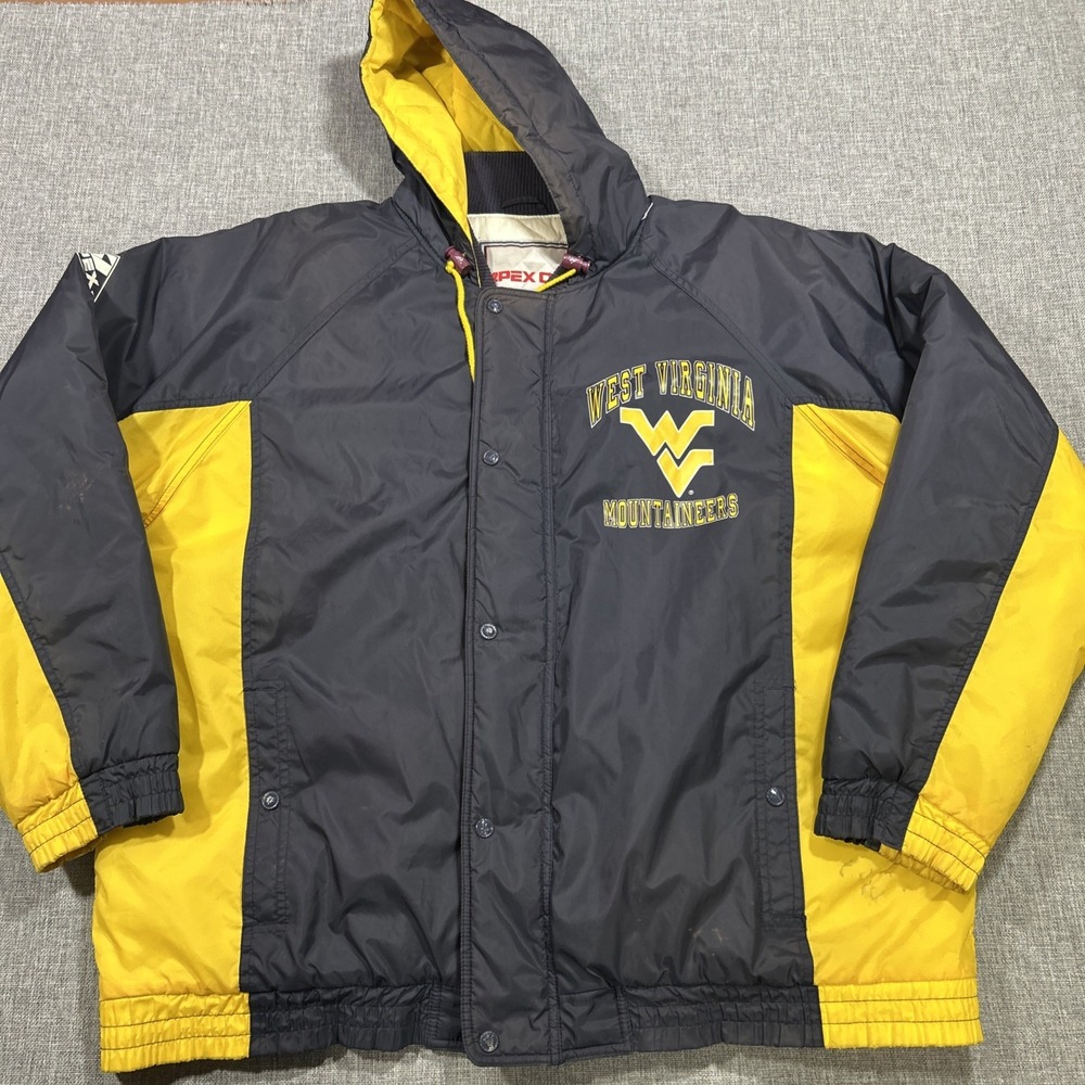 Vintage WVU West Virginia Hooded Puffer Jacket Winter Coat Apex One Mens Large